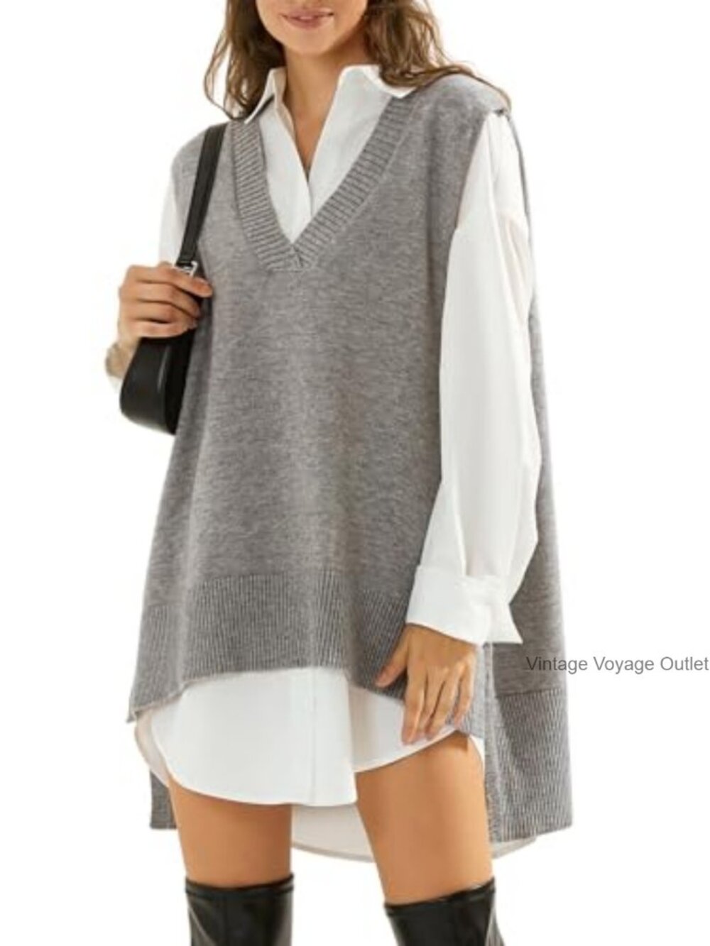 Oversized V Neck Cable Knit Sweater Vest Sleeveless Long Tunic Top